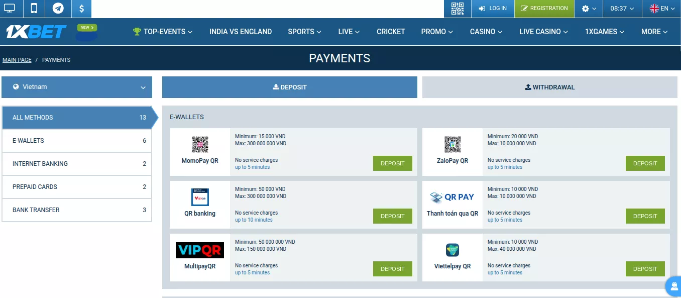 1XBET payments page showing various e-wallet deposit and withdrawal methods.