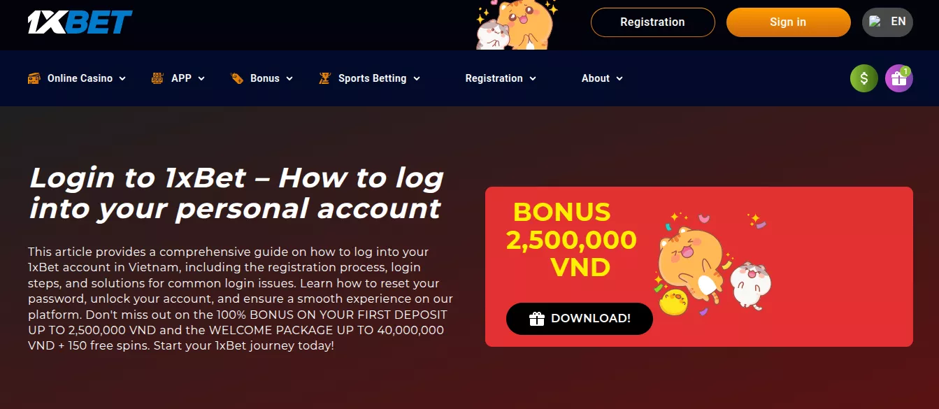 1XBET login page with instructions and a 2,500,000 VND bonus offer